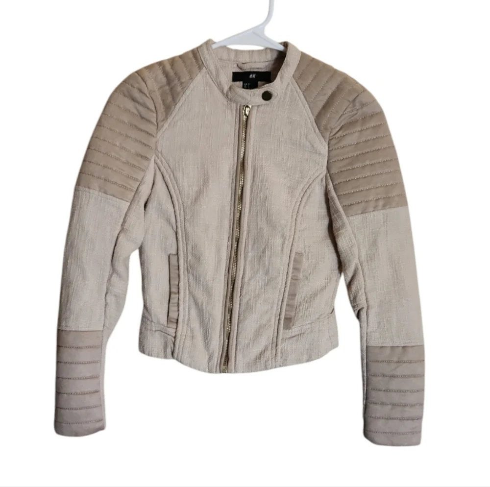 H&M Oatmeal Blazer Biker Jacket Zip-up Womans Sz 2 - Picture 2 of 7